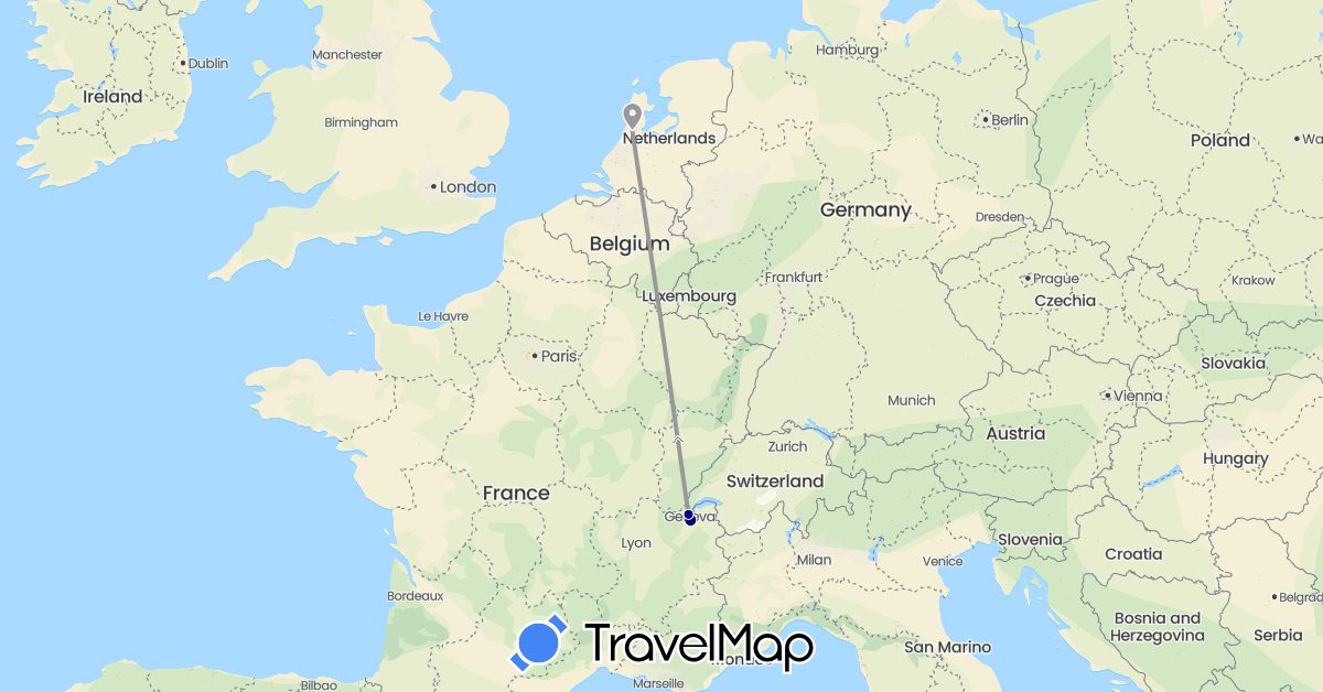 TravelMap itinerary: driving, plane in Switzerland, France, Netherlands (Europe)