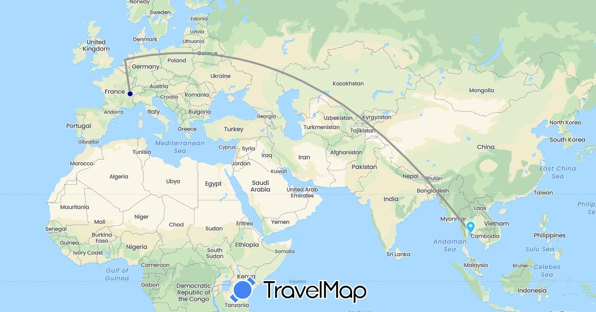 TravelMap itinerary: driving, plane, boat in Switzerland, France, Netherlands, Thailand (Asia, Europe)